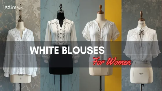 Mannequins showcasing white blouses for women, featuring intricate and classic designs.