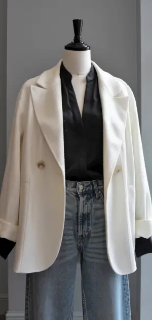 Elegant white coat on a mannequin with black accents