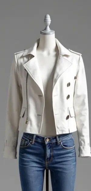 Stylish white double-breasted jacket on a mannequin