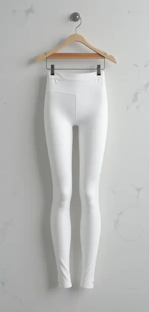 A pair of high-waisted white leggings hanging on a wooden hanger against a light grey wall.