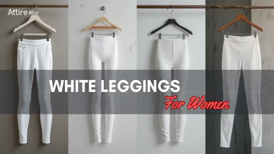 A collection of white leggings for women, displayed on hangers in various designs.