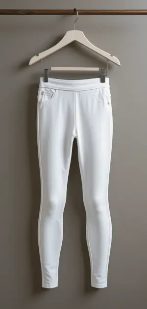 A pair of white leggings with pocket detailing hanging on a wooden hanger against a grey background.