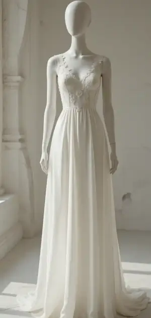 Statuesque white maxi dress in a light-filled room