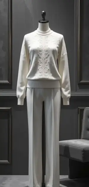 White sweater with floral lace patterns and trousers