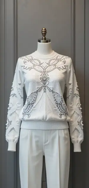 White sweater with butterfly design and grey trousers