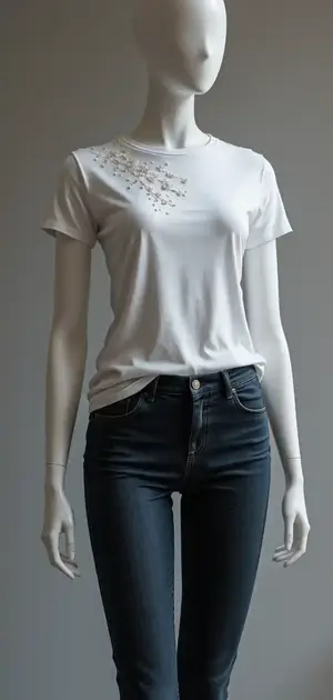 White t-shirt with subtle silver tree design.