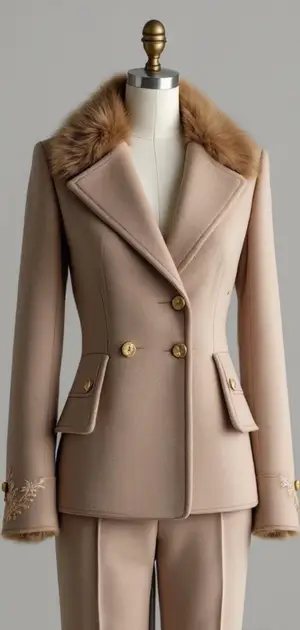 Beige blazer with light fur collar and embroidery on cuffs