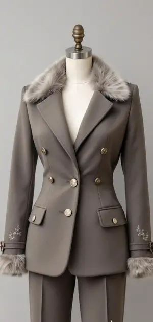 Taupe blazer with grey fur collar and cuff details