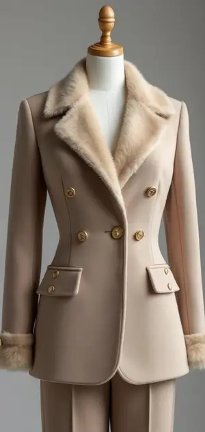 Beige double-breasted blazer with fur trim on collar and cuffs