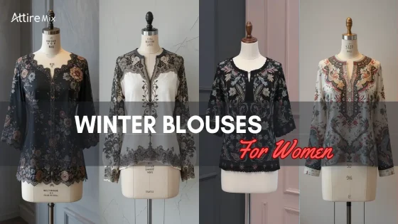 Four embroidered winter blouses displayed on mannequins.