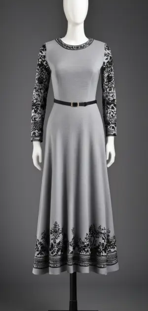 Long grey winter dress with floral hem