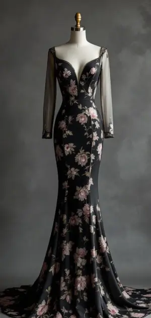 Black mermaid gown with pink floral patterns and sheer sleeves