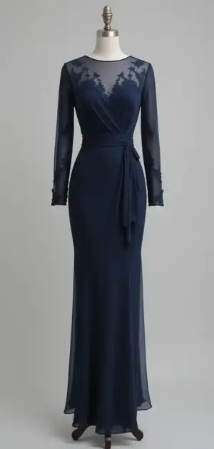 Navy blue gown with sheer sleeves and subtle embroidery