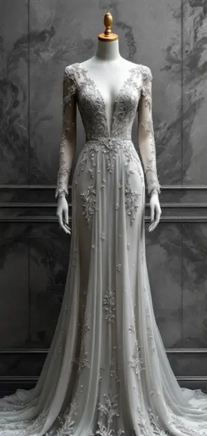 Silver gown featuring delicate floral embroidery and a deep V-neck