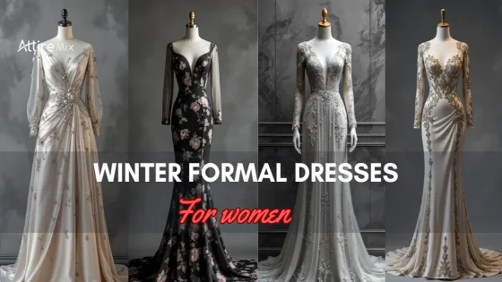 range of Winter Formal Dresses For women displayed on mannequins.