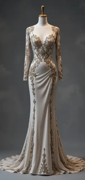 Cream gown with elegant gold embroidery and long sleeves