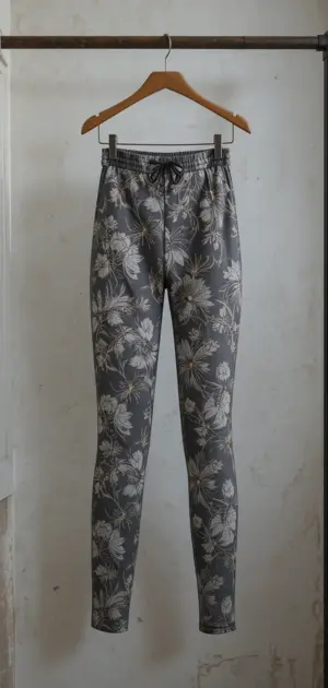 Grey winter leggings featuring a white floral print hanging on a wooden hanger.