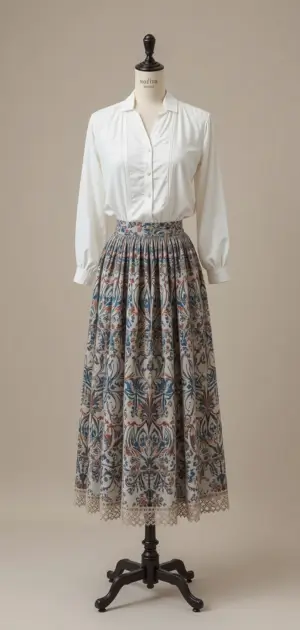 A feminine floral winter skirt with a cream blouse combination.