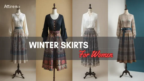 Various winter skirts featuring prints, buttons, and tied belts.