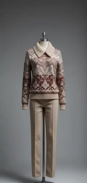 Beige and maroon patterned sweater with a collar