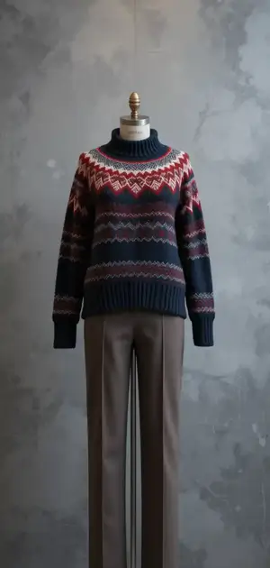 Cream and burgundy patterned sweater on mannequin