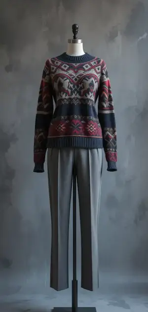 Navy and red patterned sweater with grey trousers