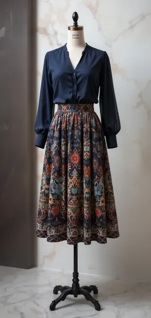 A bold A-line skirt with intricate floral designs and a navy blouse.