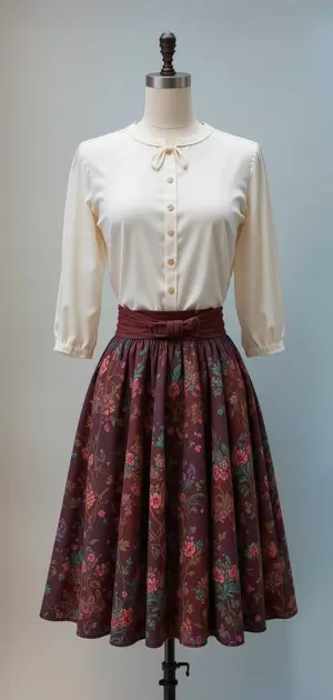 Vintage-inspired A-line skirt paired with a cream blouse and belt.