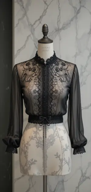 Elegant black blouse for women features sheer fabric, lace embroidery, and a fitted waist.