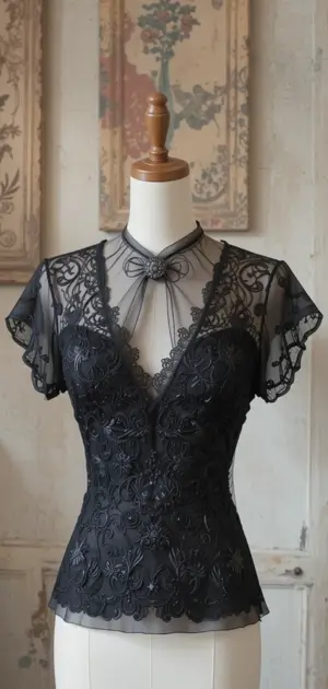 Black blouse for women featuring intricate floral lace, sheer sleeves, and a bow accent.