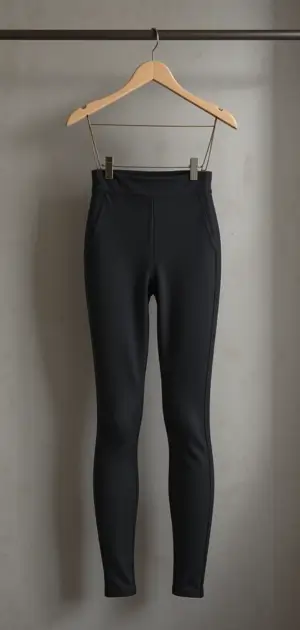 A pair of sleek black leggings hanging on a wooden hanger against a grey backdrop.