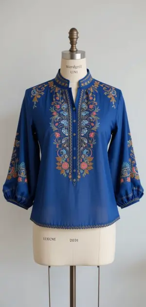 Blue blouse for women adorned with intricate floral embroidery and a chic design.