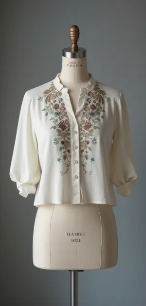 White embroidered blouse with puff sleeves and button-up closure.