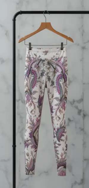 Women’s white leggings featuring purple and grey paisley patterns for a chic look.