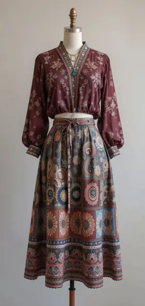 A classic floral blouse tucked into a high-waisted midi skirt.