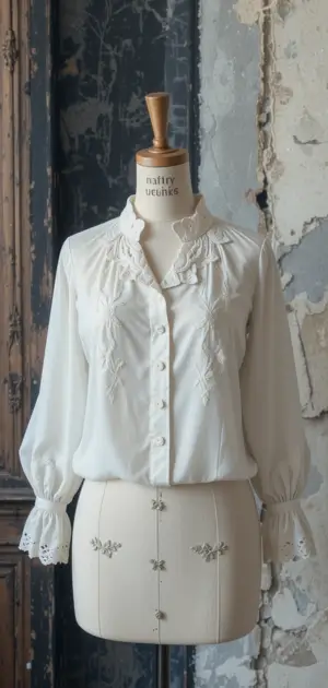 White classic blouse featuring intricate embroidery and lace cuff details.