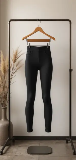 A pair of black classic leggings hanging on a wooden hanger in a minimal setting.