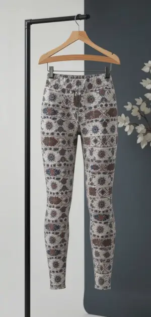 Women’s cotton-blend leggings featuring detailed geometric and floral patterns.