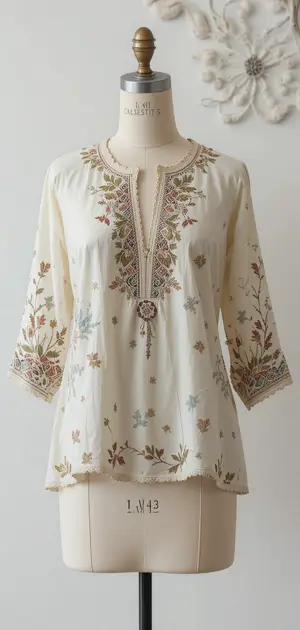 An ivory cotton blouse featuring intricate floral embroidery and scalloped edges.
