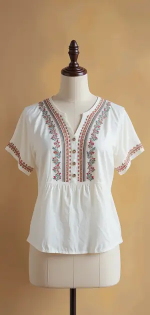 A white cotton blouse with floral embroidery and short sleeves displayed on a mannequin.