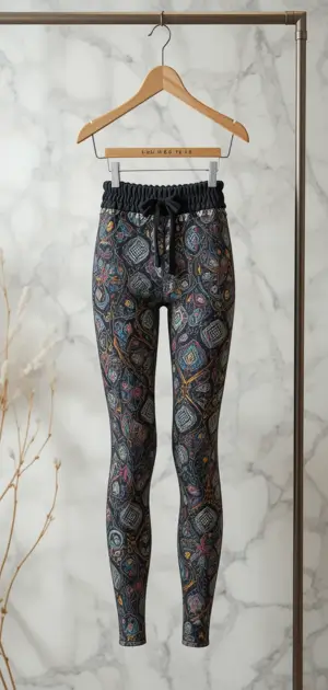 Image of women’s cotton leggings featuring a colourful, patterned design.