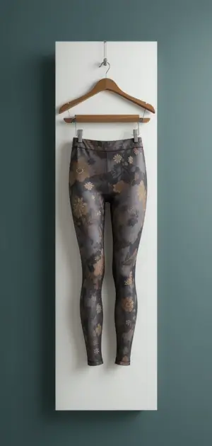 Dark grey fall leggings with golden floral patterns, hanging on a wooden hanger.