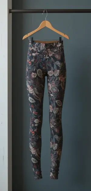 Dark floral-patterned fall leggings for women, hanging on a wooden hanger.