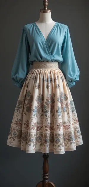 A blue wrap blouse styled with a beige floral midi skirt.