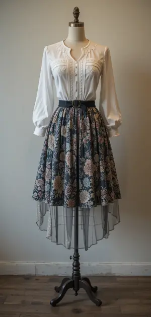 A belted floral skirt with a sheer overlay styled with a white blouse.