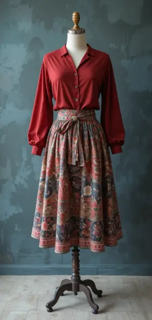 A blue wrap blouse styled with a beige floral midi skirt.