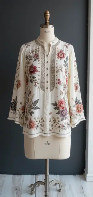 Elegant cream blouse featuring floral embroidery and a relaxed silhouette for women.