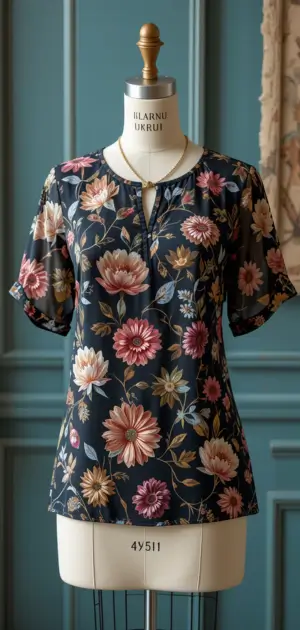 Stylish women’s floral blouse with pink and beige flowers on a dark background.