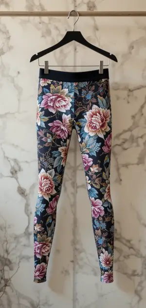 Close-up of women’s floral print leggings on a hanger with a marble backdrop.