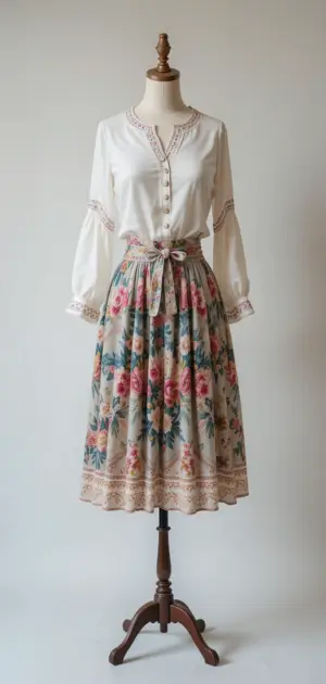 A white blouse paired with a floral midi skirt on a mannequin.